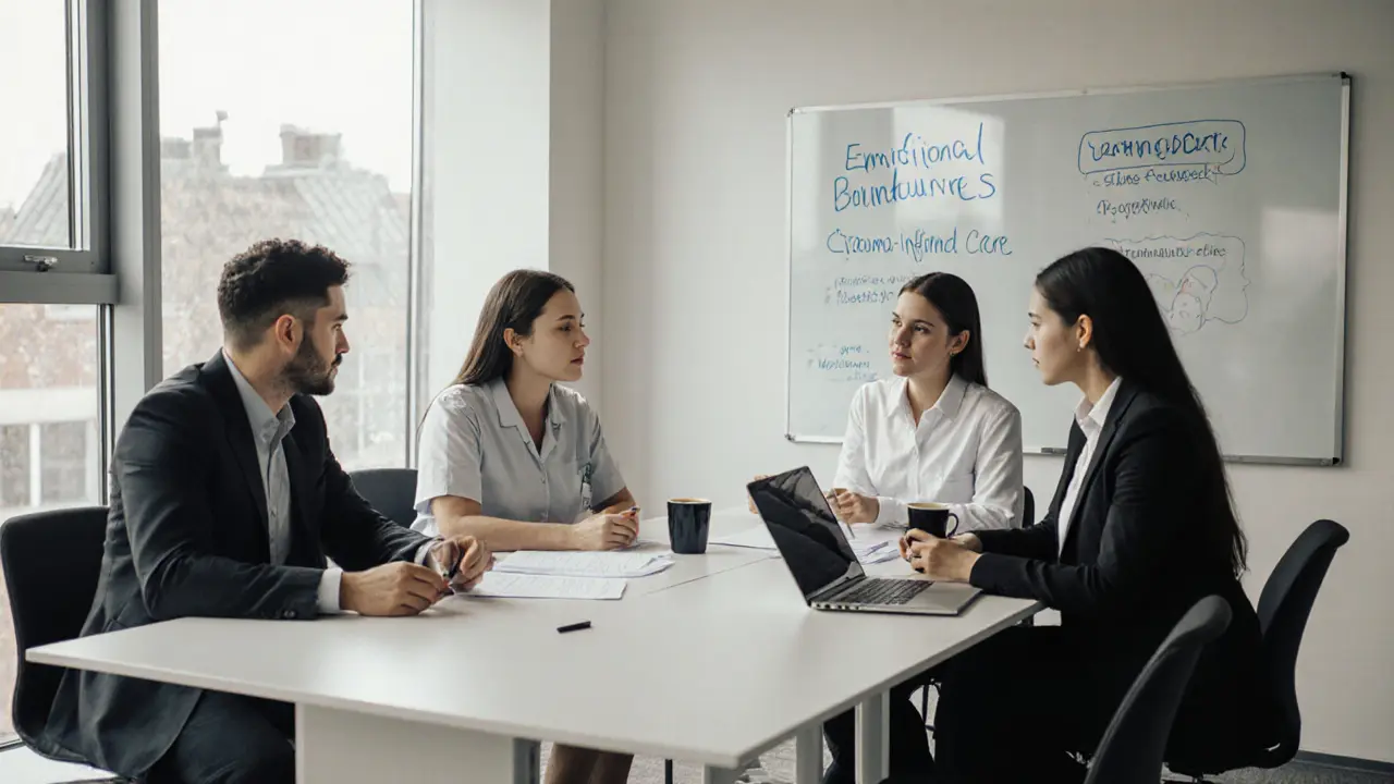 Een groep professionals bespreekt veiligheidsprotocollen voor escortdiensten in een moderne vergaderruimte.