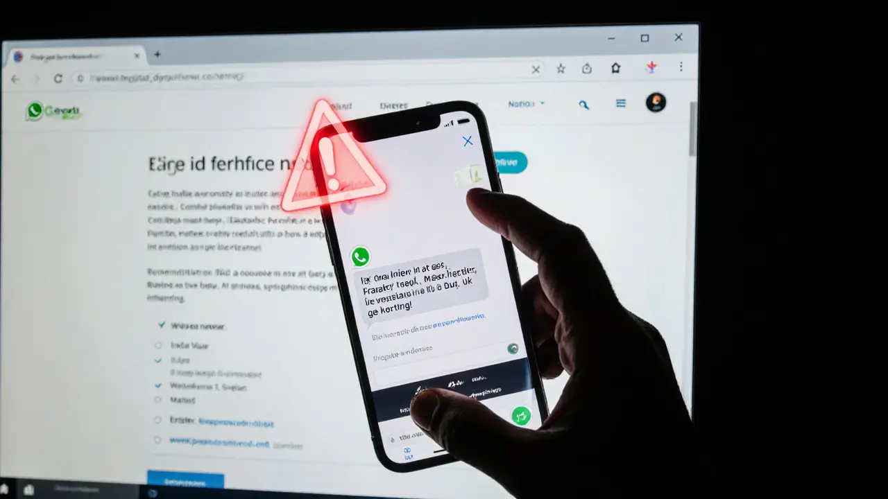 Een hand boven een WhatsApp-bericht met &#039;korting&#039; terwijl een legale website met veiligheidsregels op een scherm te zien is.