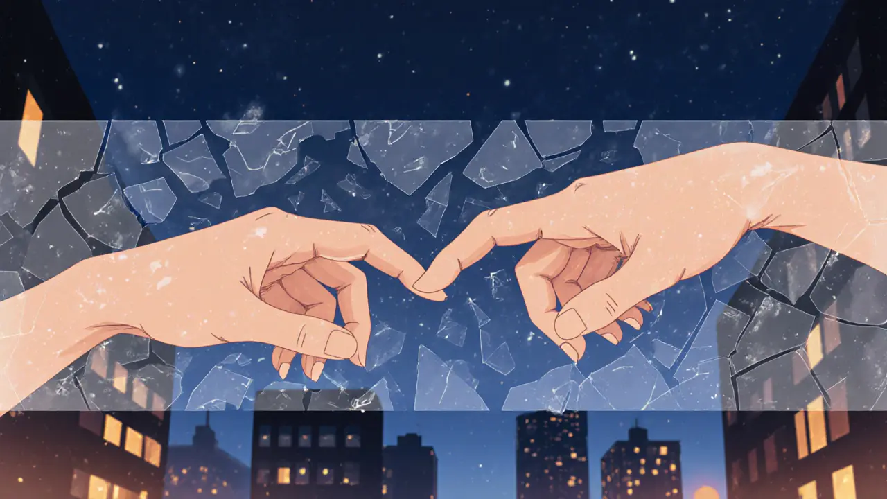 Een hand die een andere hand vasthoudt, terwijl sociale vooroordelen in stukken vallen.