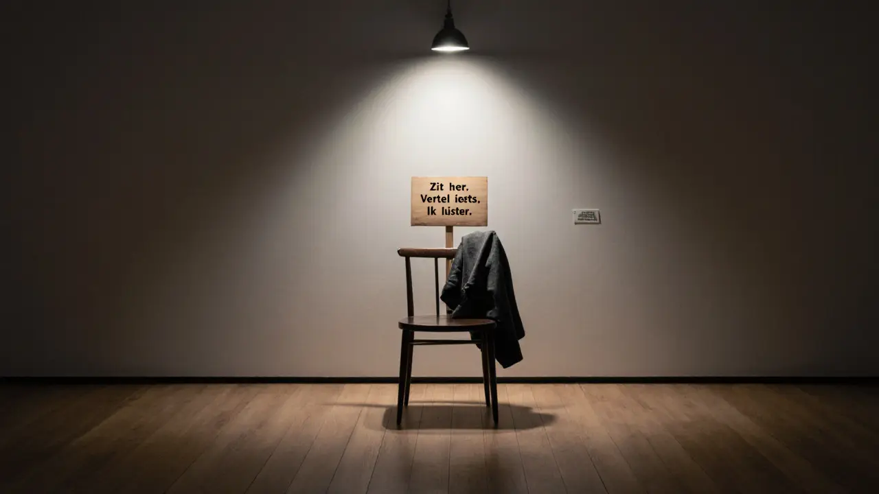 Een lege stoel in een museum, met een bordje waarop staat &#039;Vertel iets. Ik luister.&#039;