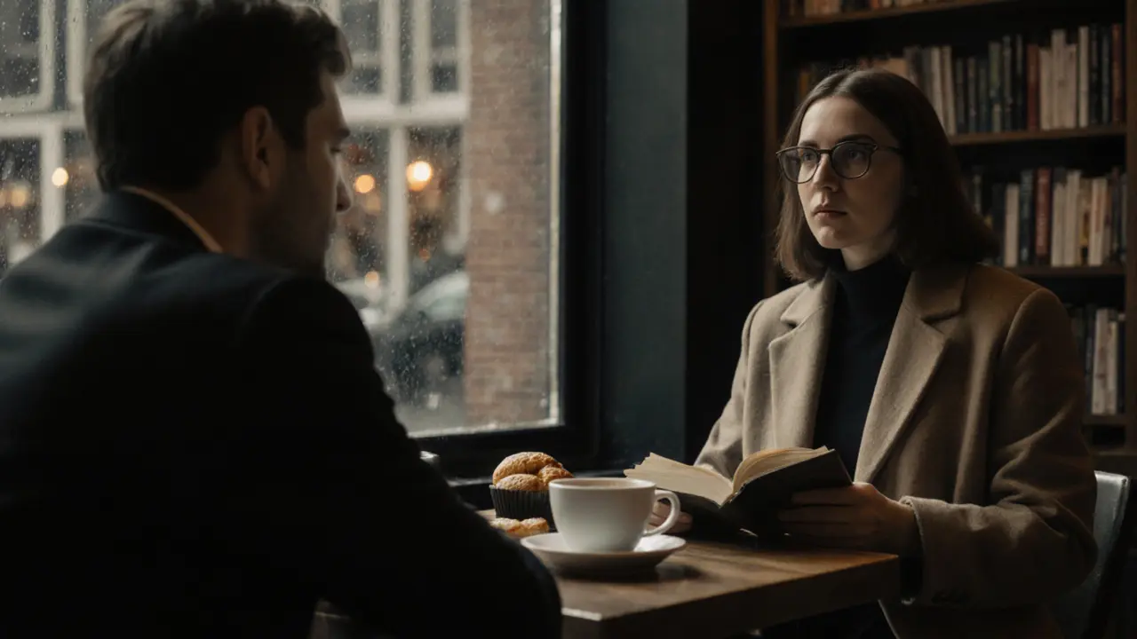 Een man en een vrouw in een café, die zich in een rustige, respectvolle gesprek verdiepen.