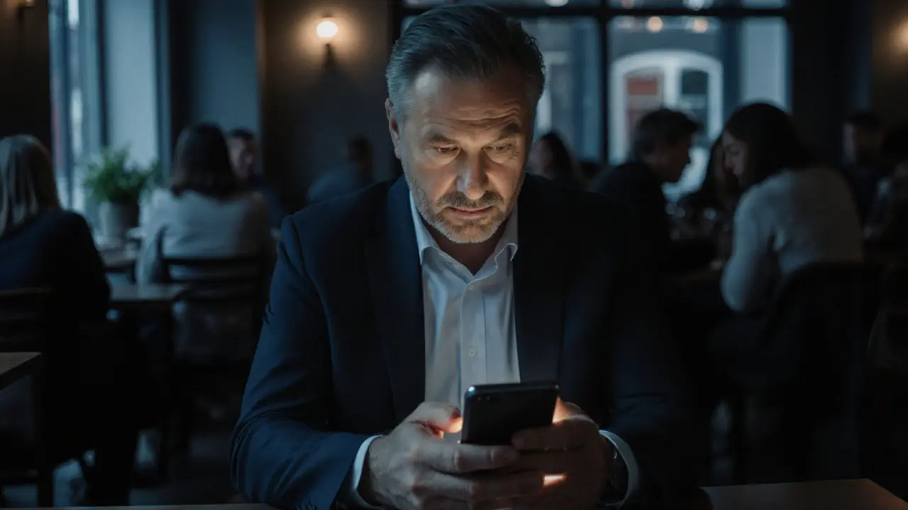 Een man in een pak zit alleen in een café, kijkt naar zijn telefoon met een verdrietige blik.