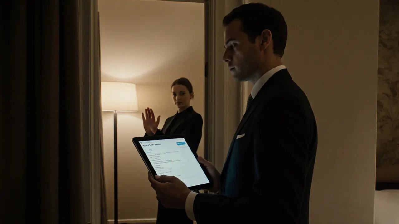 Een man staat bij de deur van een hotelkamer terwijl een vrouw met een vriendelijke maar besliste gebaar &#039;nee&#039; aangeeft.