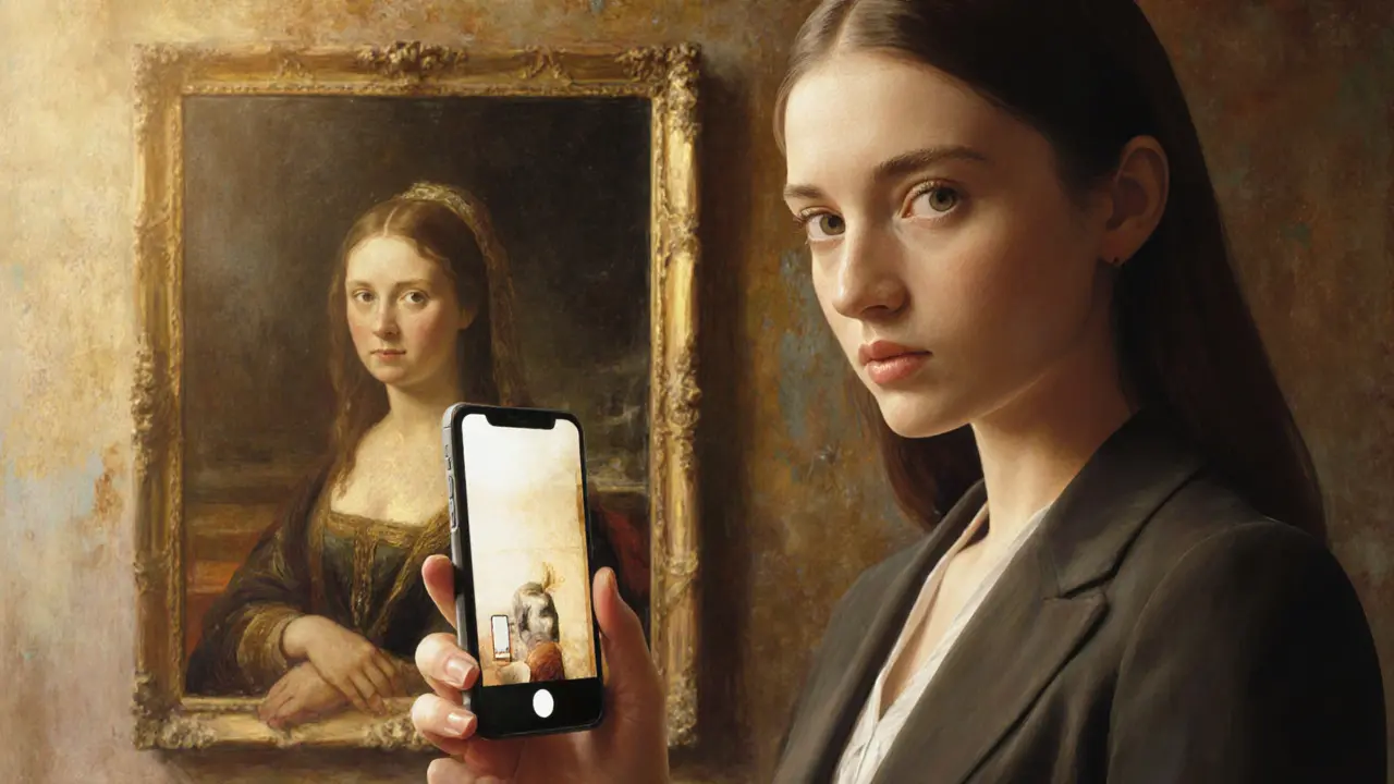 Een moderne vrouw in dezelfde pose als een klassiek schilderij, met een iPhone in de hand.