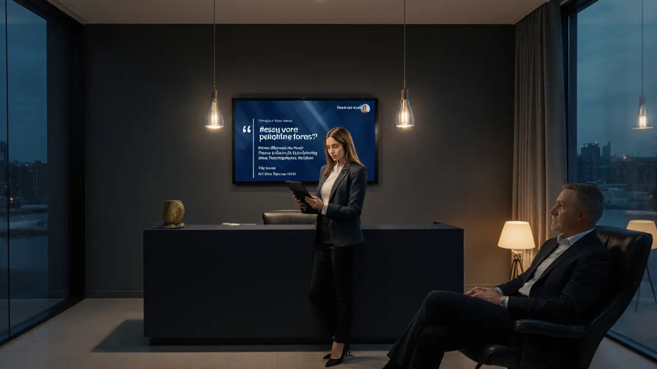 Een professioneel escortbureau kantoor met receptioniste en cliënt in een rustige sfeer.