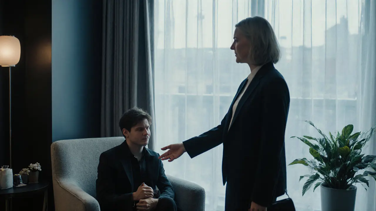 Een reiziger wordt begroet door een escort in een moderne hotellobby, met een vriendelijke, respectvolle sfeer.