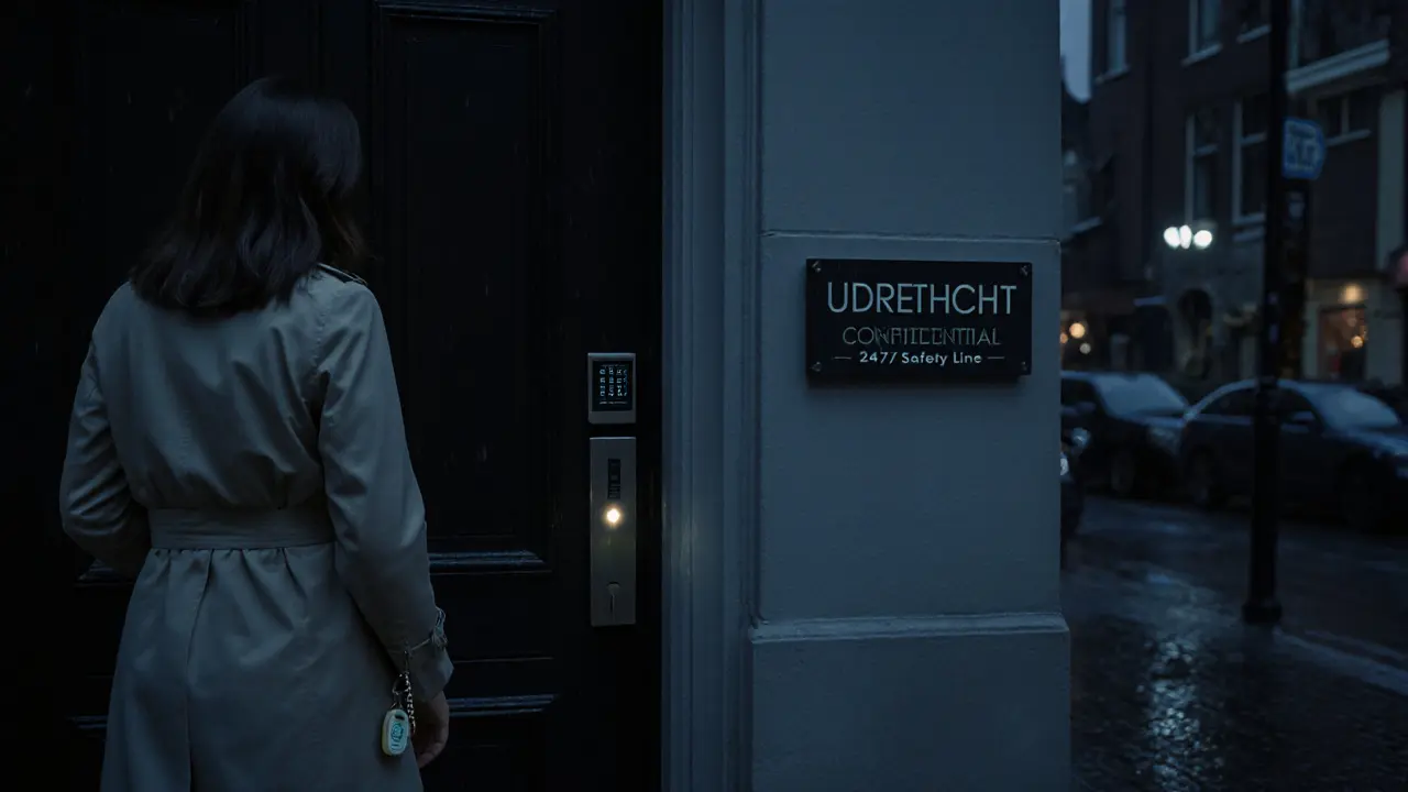 Een vrouw bij een privédeur met een digitale keypad en een zacht gloeiende GPS-tracker.