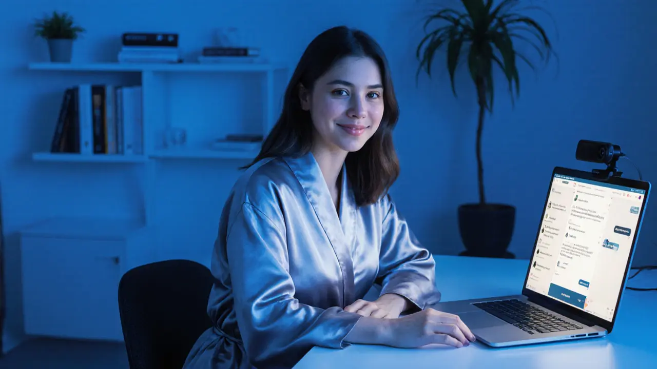 Een vrouw die een online webcamgesprek voert in een discrete, minimalistische omgeving.