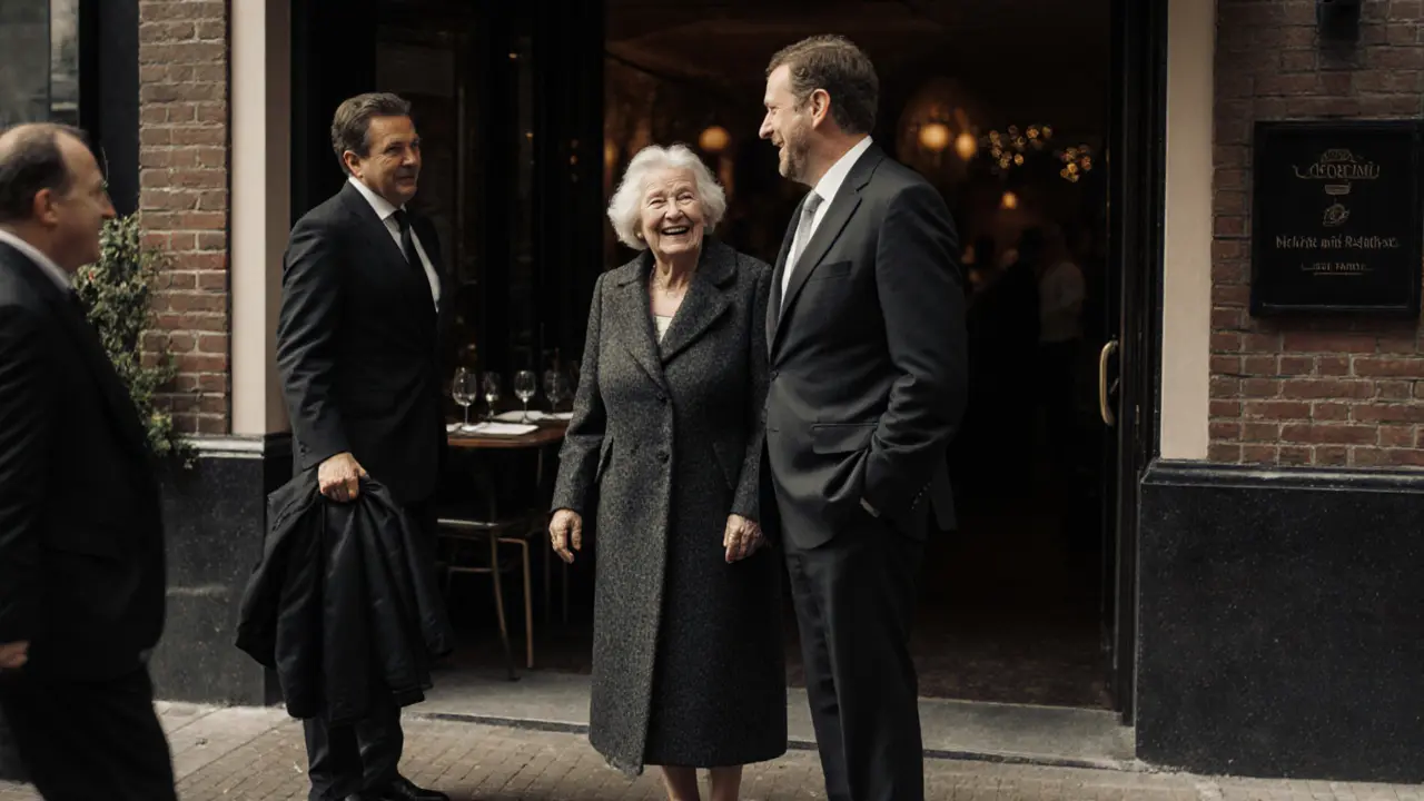 Een vrouw en een man lachen zacht bij een restaurantingang, onopvallend en waardig samen.