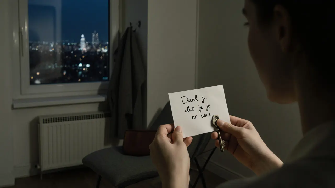 Een vrouw houdt een brief in haar handen met de woorden &#039;Dank je dat je er was&#039;, terwijl een jas aan een haak hangt.