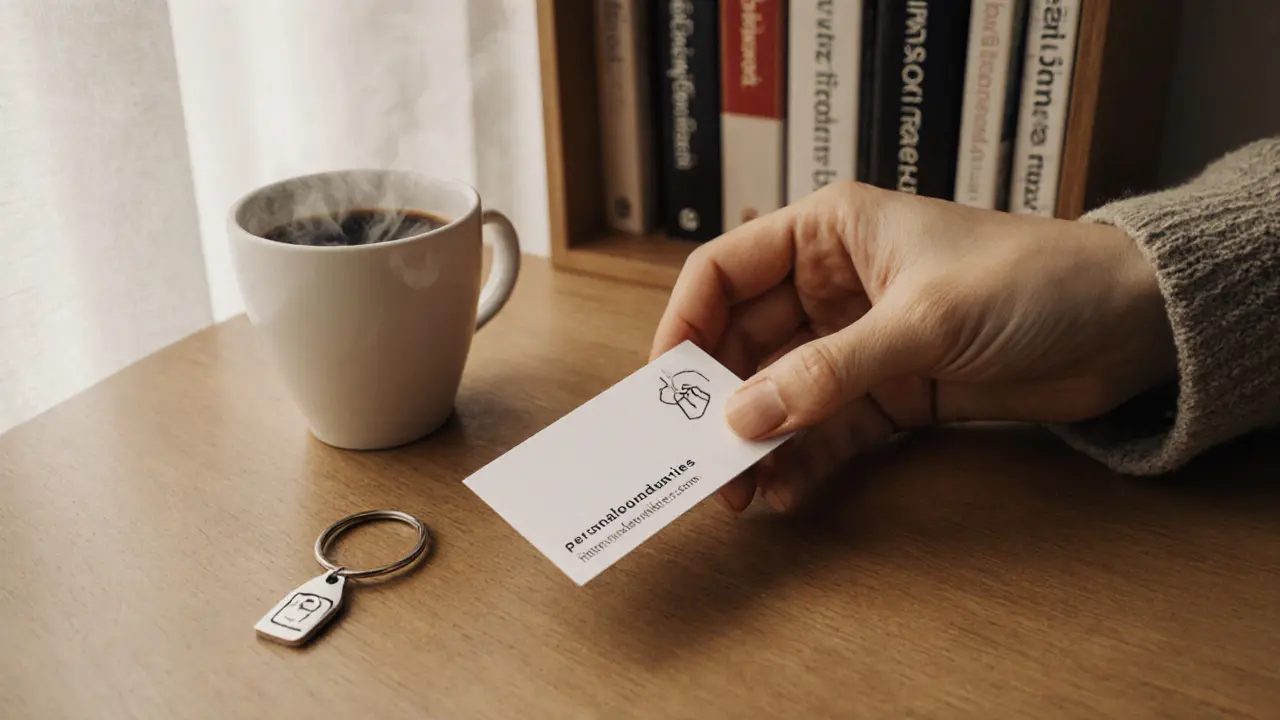Een vrouw legt een zakelijke kaart neer naast een kop koffie, met boeken en een veiligheidssymbool in de achtergrond.