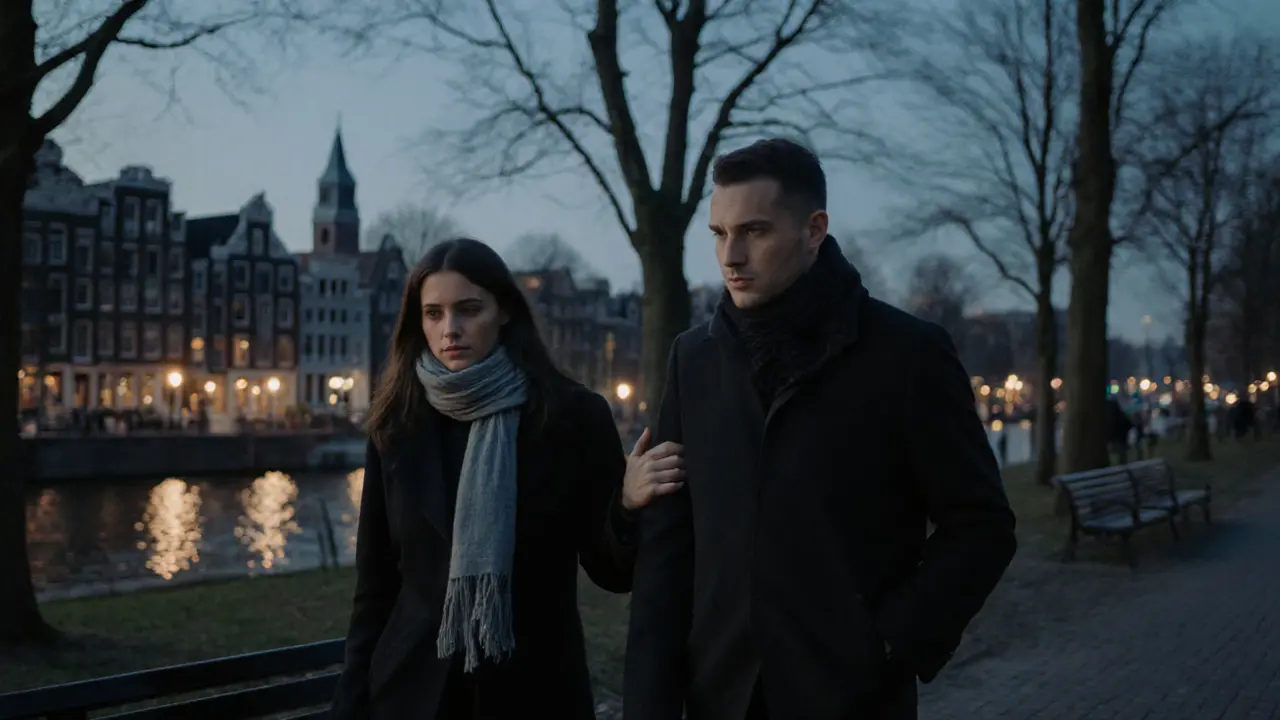 Een vrouw legt haar hand op de arm van een man op een bank in een nachtelijk park, zonder woorden, alleen aanwezigheid.