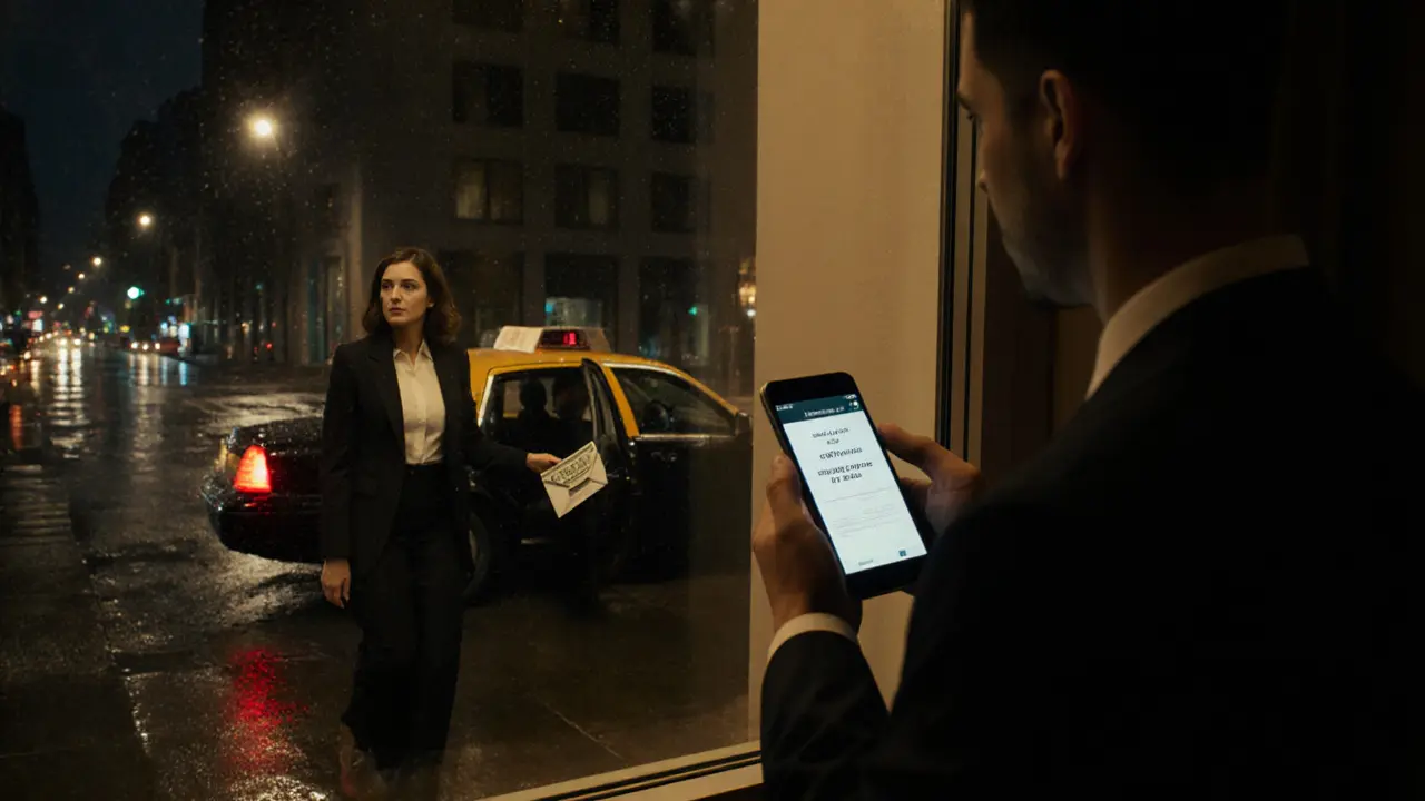 Een vrouw stapt uit een taxi bij een hotel, een man wacht met contant geld en een bevestigingscode op zijn telefoon.