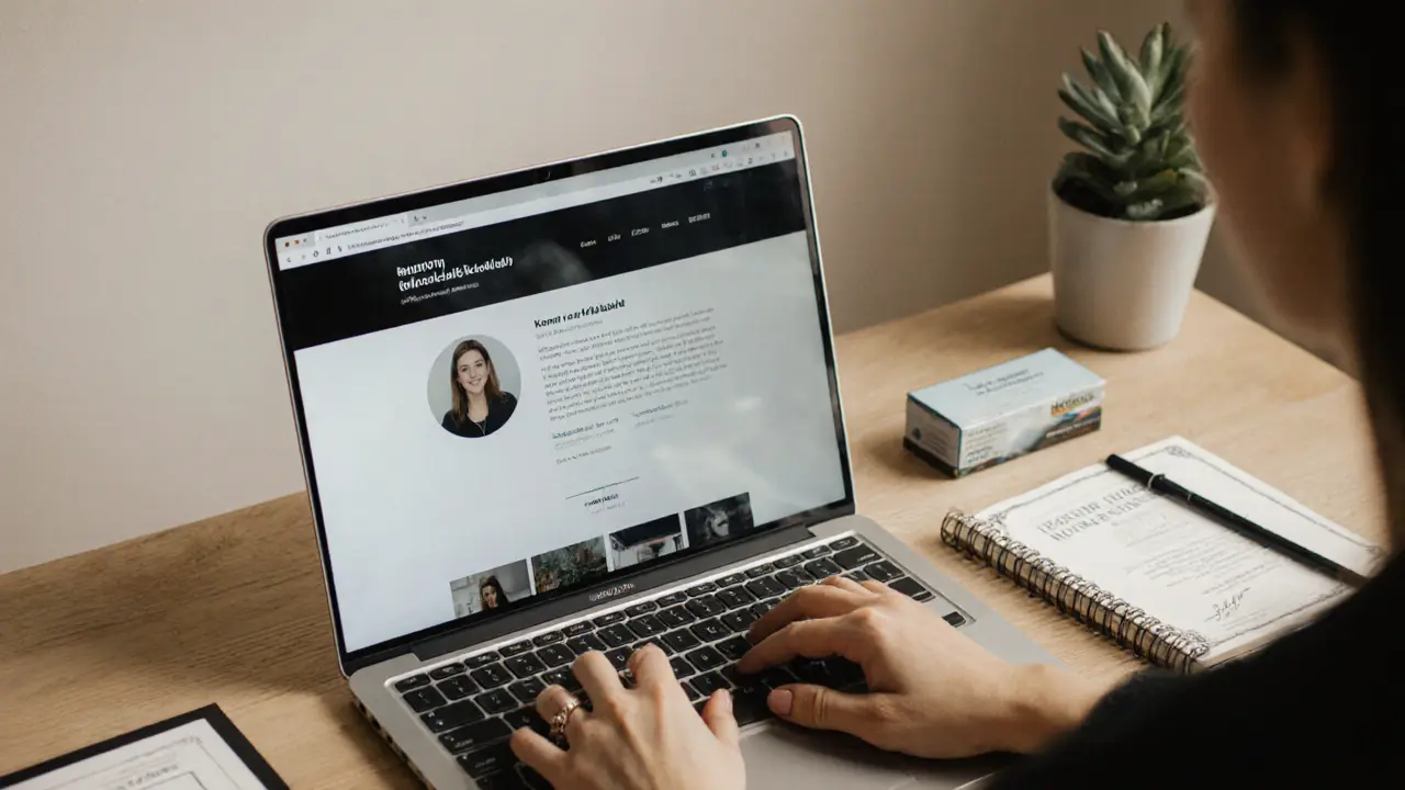 Een vrouw typt op haar laptop in haar huisoffice, waar haar professionele website zichtbaar is in de schermreflectie.