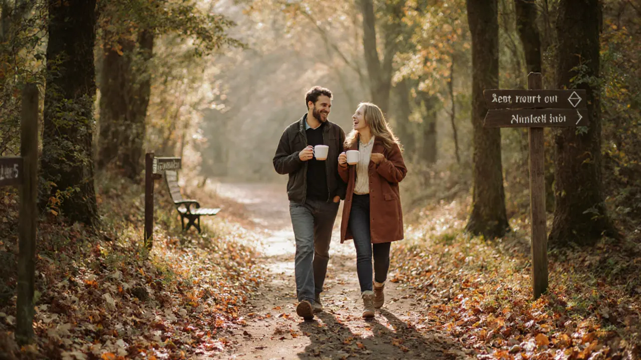 Een wandeling door het natuurreservaat Veluwe met een escort, beiden met thee, in een vredige herfstomgeving.