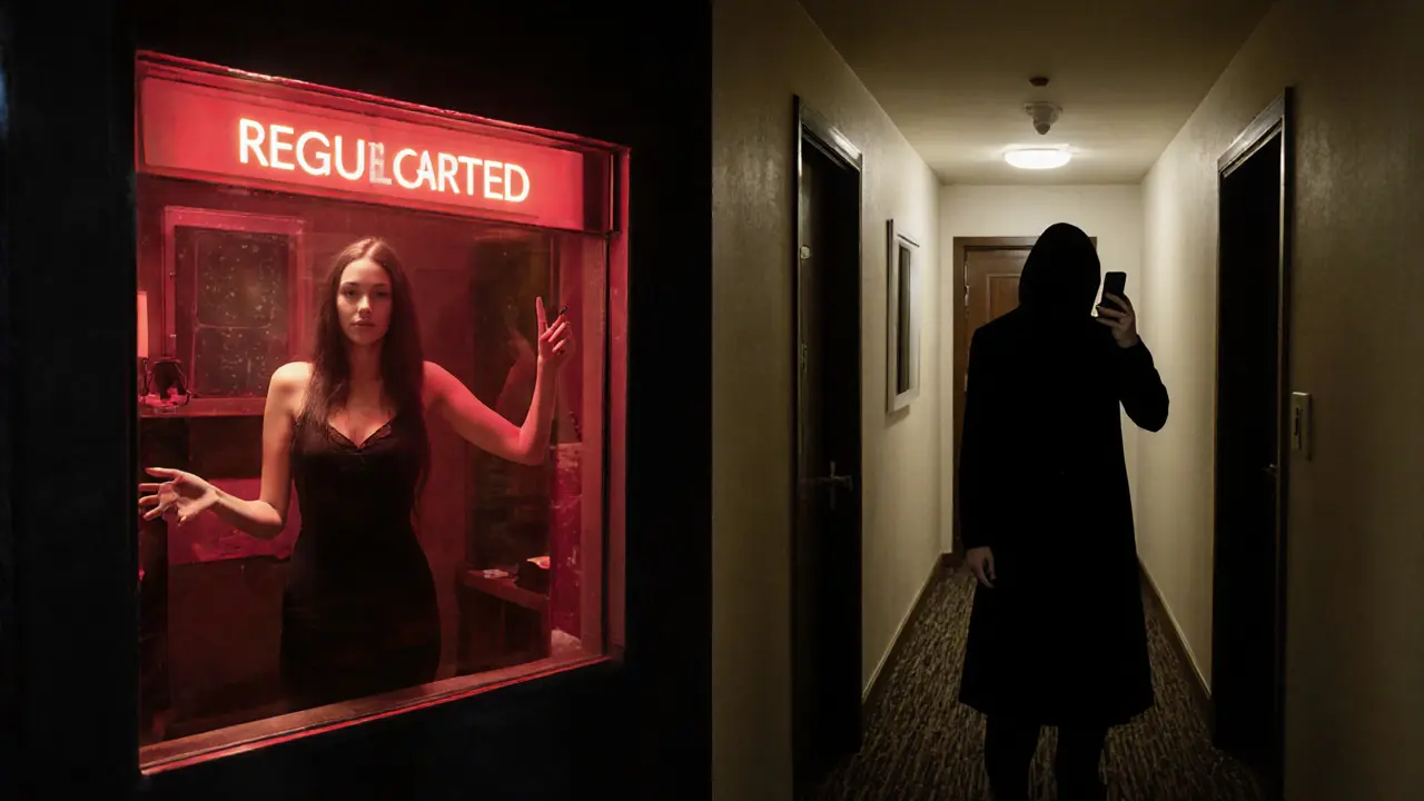 Gesplitste scène: gereguleerde ramen aan de linkerkant, grijze zone aan de rechterkant.