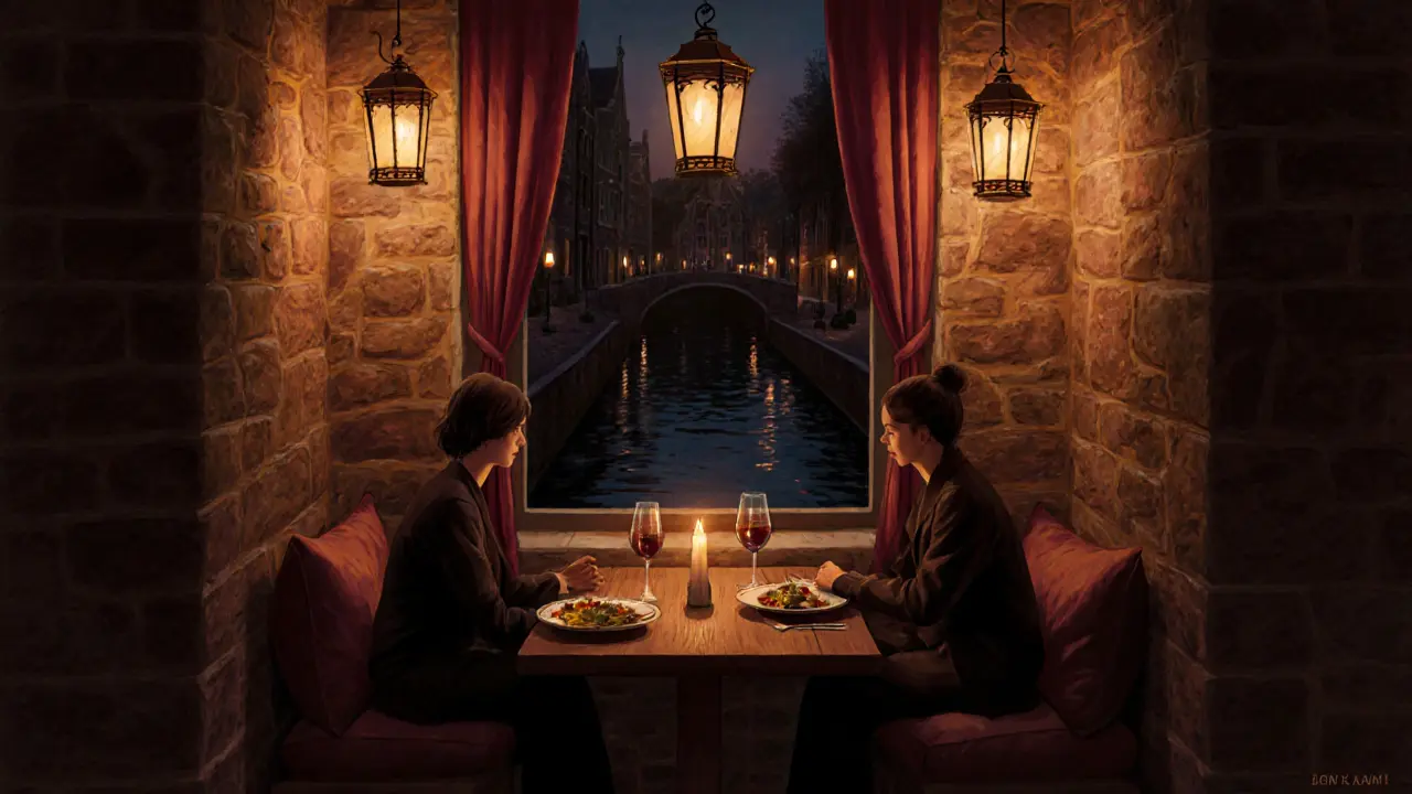 Intiem diner in een kaarsverlichte kelder in Utrecht, met wijn en gerechten op een houten tafel.