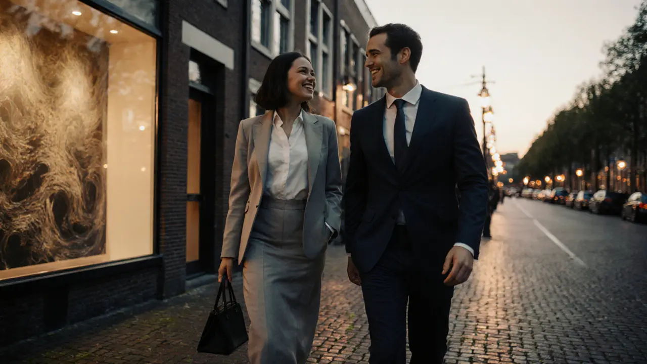 Man en vrouw lopen rustig langs een Rotterdamse gracht bij zonsondergang.