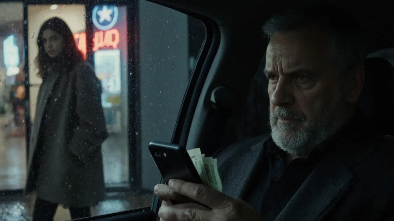 Man in auto buiten appartementgebouw, vrouw aarzelt voor de ingang.