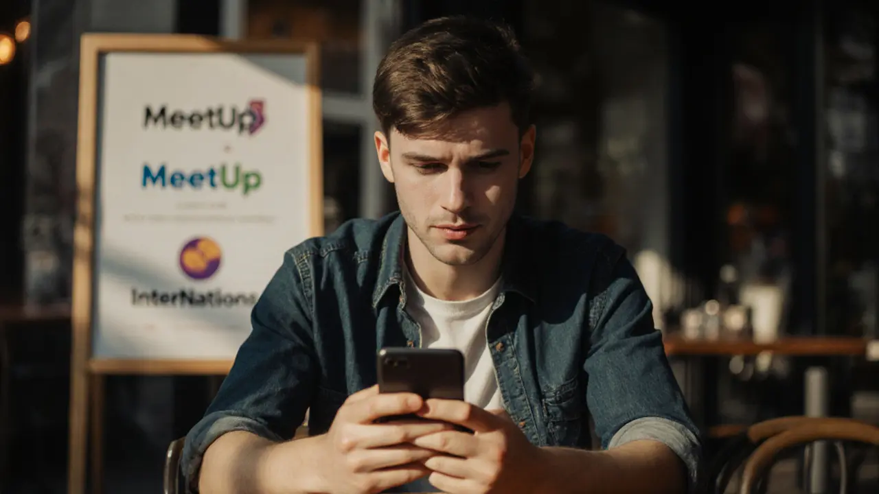 Man zit in een café en bekijkt zijn telefoon, met logo&#039;s van sociale platforms op de achtergrond.