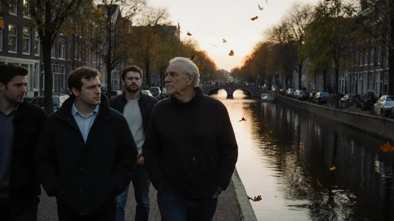 Mannen wandelen door een park bij zonsondergang, één luistert aandachtig naar de ander, natuurlijke sfeer, geen seksuele suggestie.