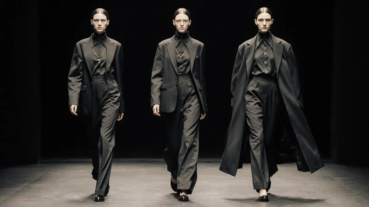 Minimale modellen op een catwalk met zwarte, strakke jurken en jassen, rustige en krachtige uitstraling.