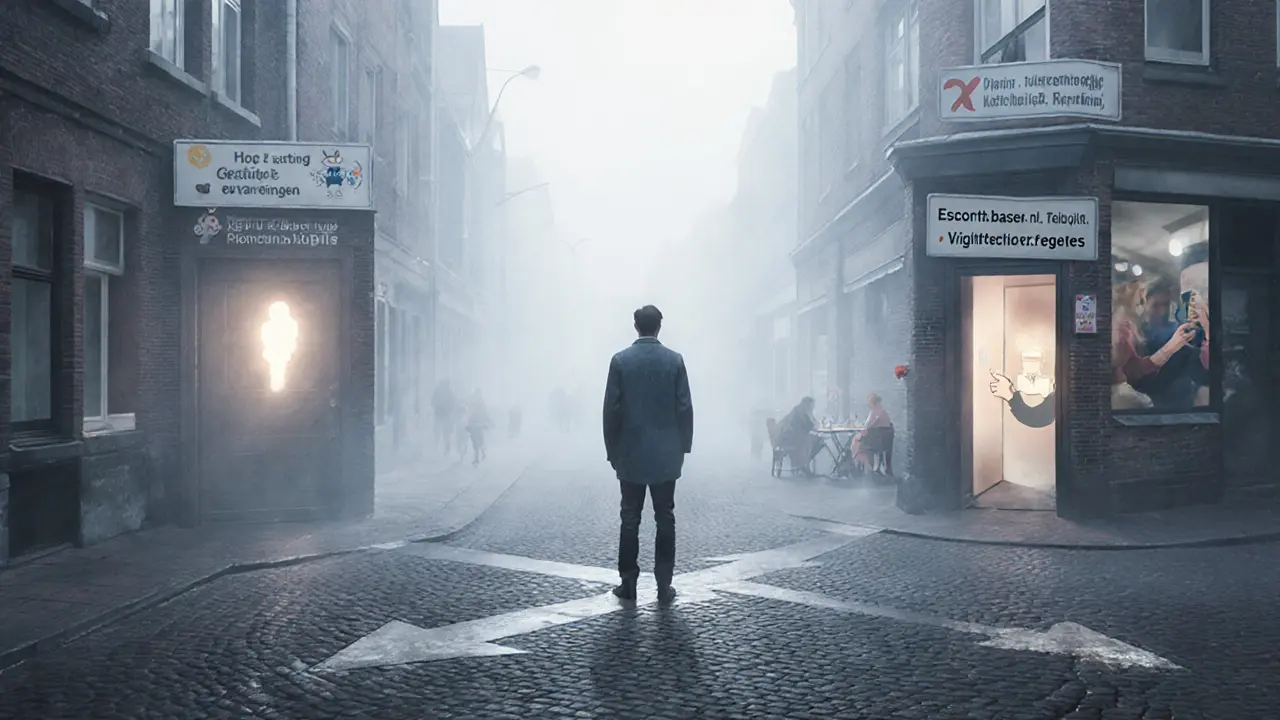 Persoon bij kruispunt met wegen naar rating, ervaringen en veiligheid in Nederlandse stad.