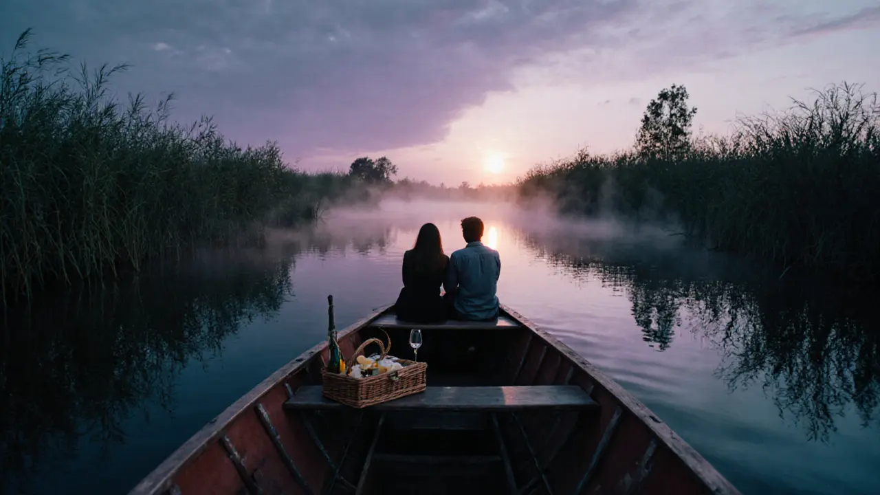 Privéboot drijft stil door de Biesbosch bij zonsondergang, met picknick en twee silhouetten aan boord.