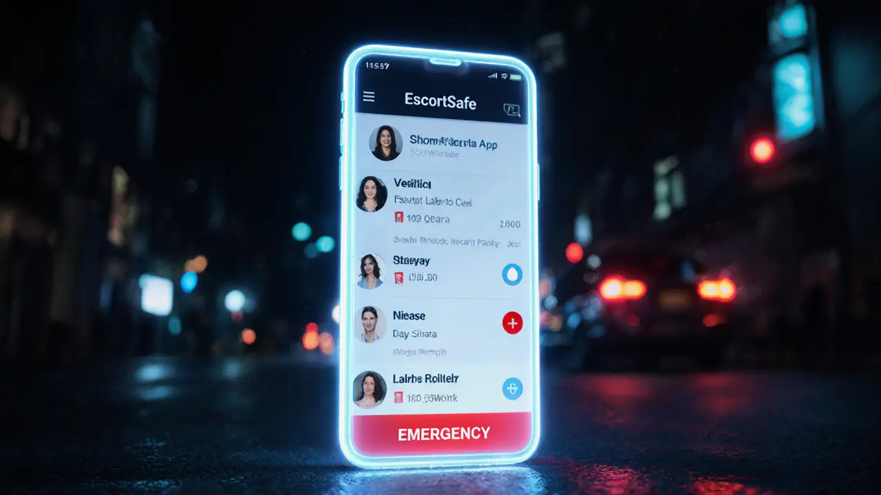 Smartphone scherm toont de EscortSafe-app met veiligheidsfuncties en een noodknop.