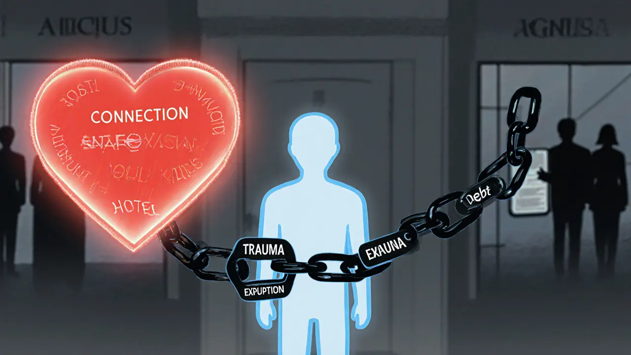 Transparante figuur tussen licht en donker, omringd door symbolen van uitbuiting en verlies.