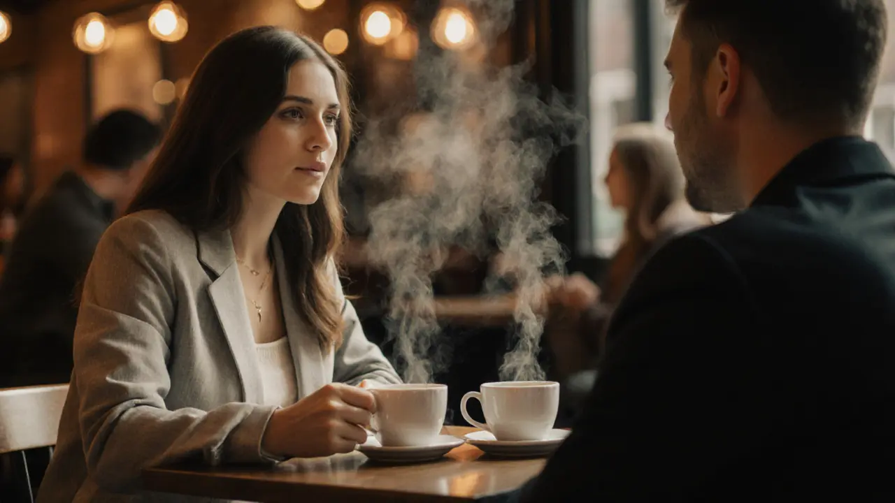 Twee personen praten rustig in een café, zonder fysiek contact, in een sfeer van verbinding.