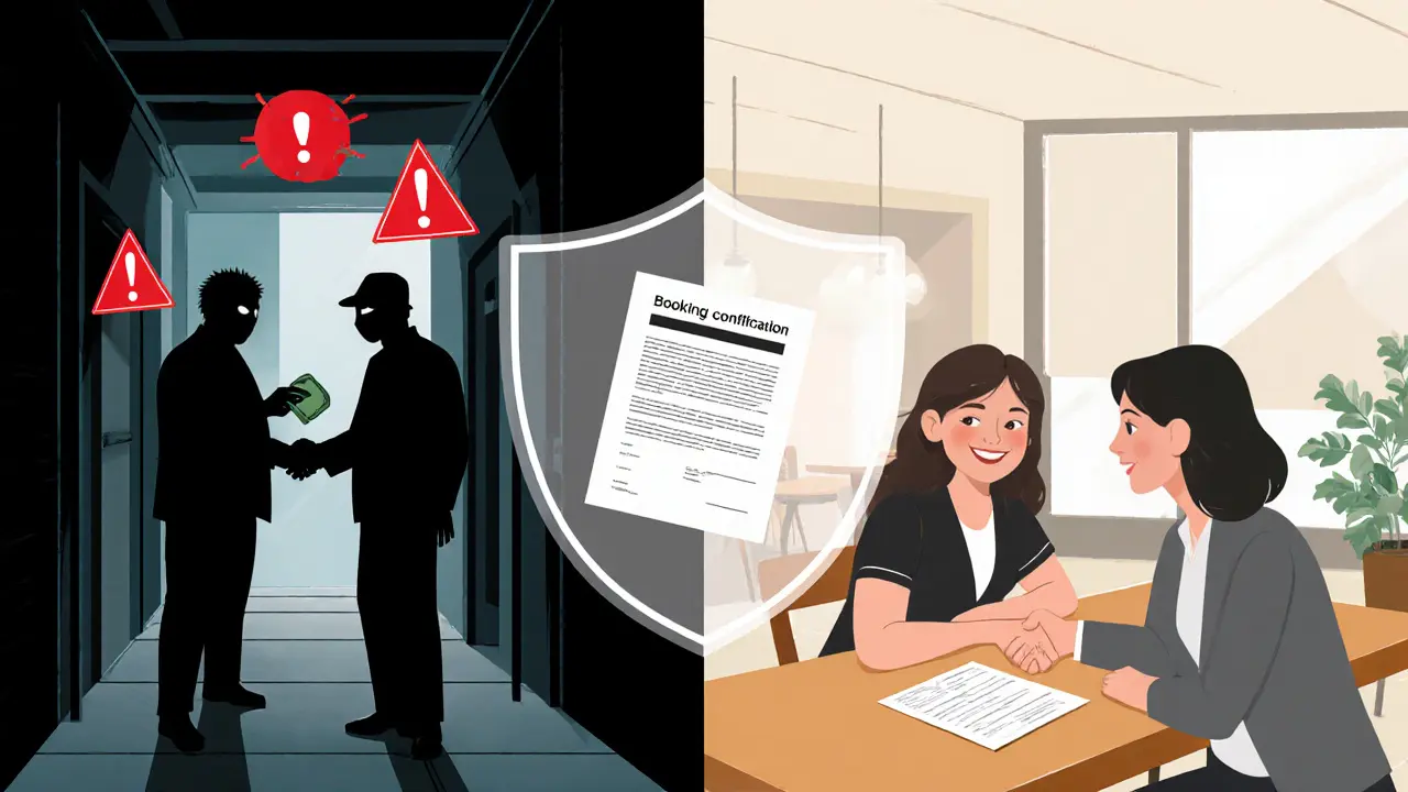 Twee scènes: risico in een donkere steeg versus veiligheid in een café, gescheiden door een beschermend schild.