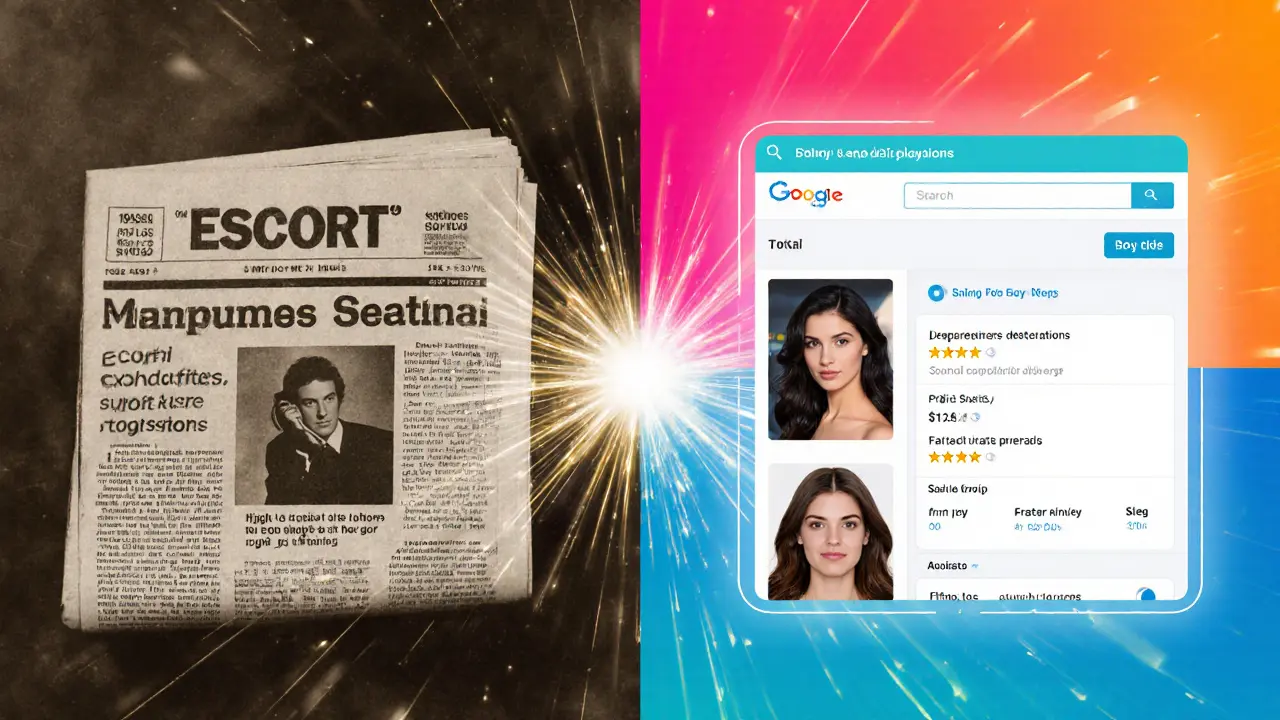 Vergelijking van een oude krantenadvertentie en een moderne escortwebsite met digitale overgang.