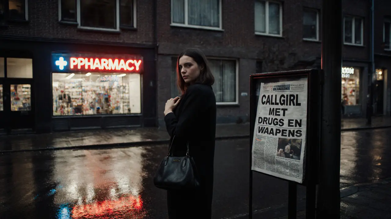 Vrouw staat bij een appartementgebouw bij schemer, kijkt over haar schouder met nervositeit.