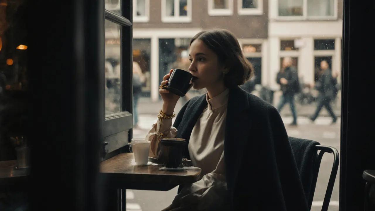 Vrouw zit in een café met een zijden blouse en een donkere jas, koffie in de hand, rustige sfeer.