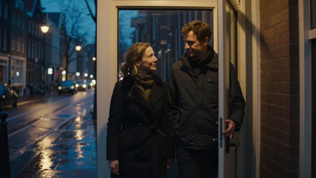 De escort begeleidt de klant naar de deur met een zwijgende, waardige glimlach aan het eind van de avond.