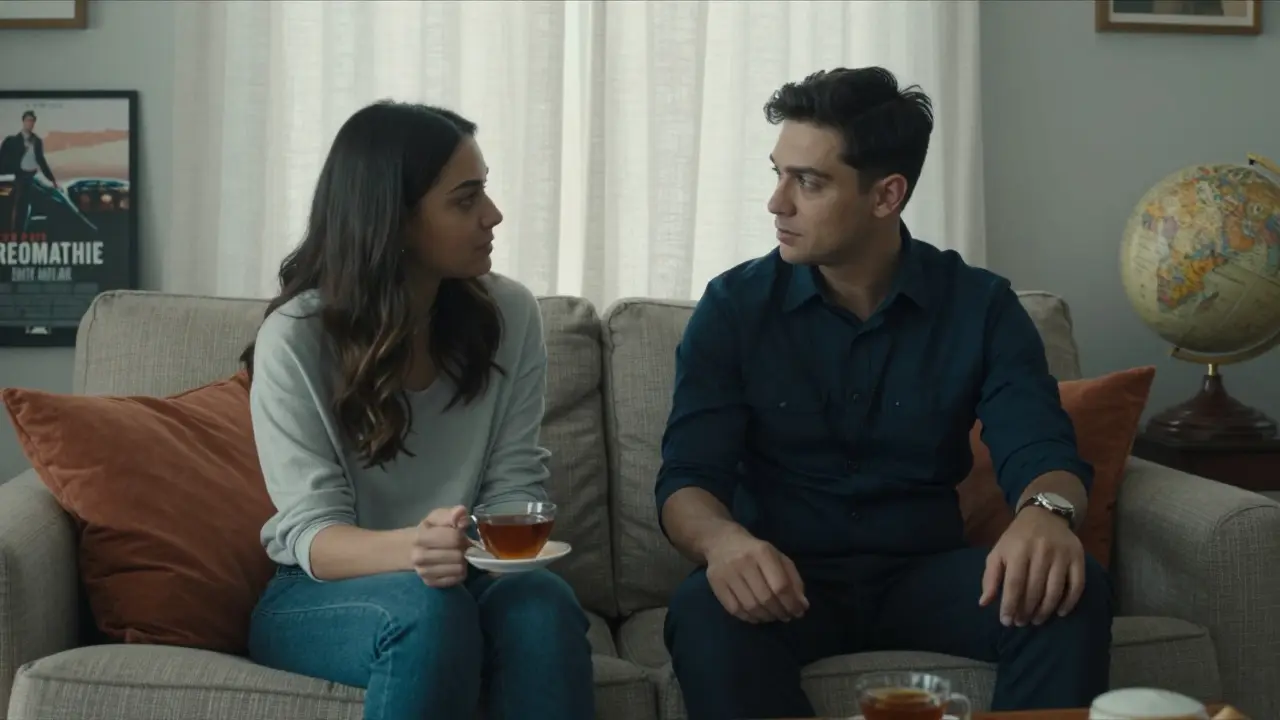 Een klant en escort praten rustig bij thee, met een sfeer van wederzijds respect en aandacht.