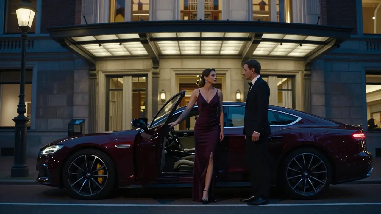 Een luxe auto bij de opera in Rotterdam, een vrouw en man stappen uit in avondkleding, culturele elegantie.