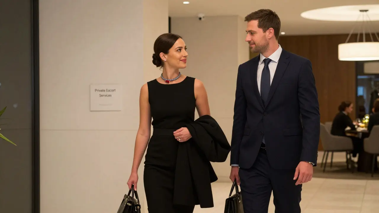 Een professionele escort helpt een zakenman met zijn jas in een hotellobby in Rotterdam.