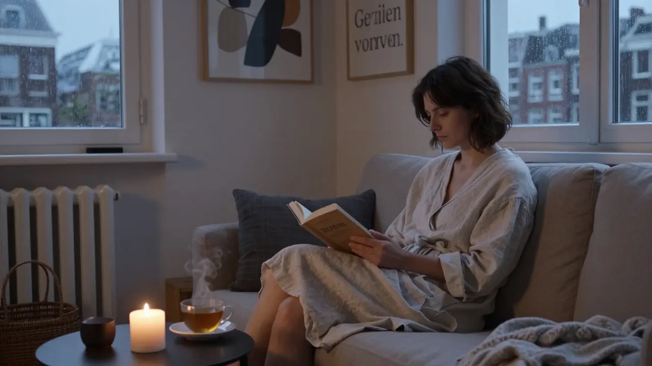 Een vrouw in een linnen badjas leest rustig in een minimalistische woonkamer bij kaarslicht, avondstilte.