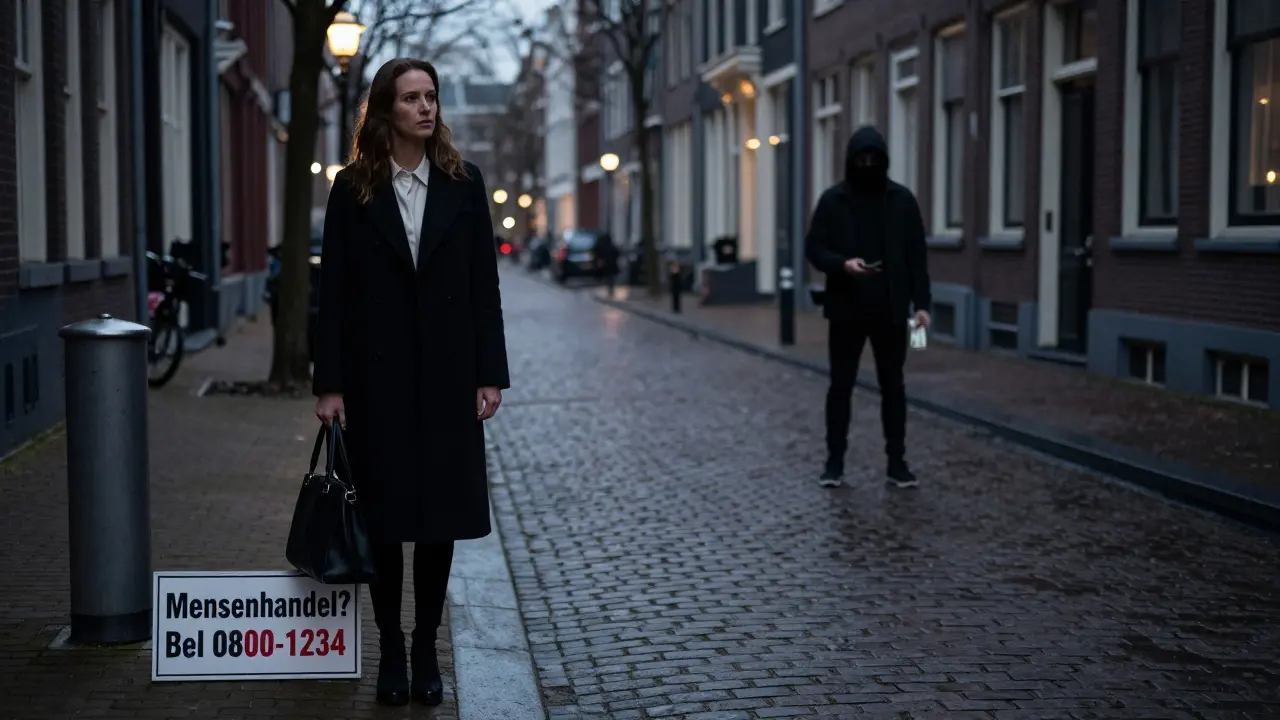 Een vrouw op een donkere straat in Amsterdam, afgewend van een verdachte figuur, met een helpline-tekst in de voorgrond.