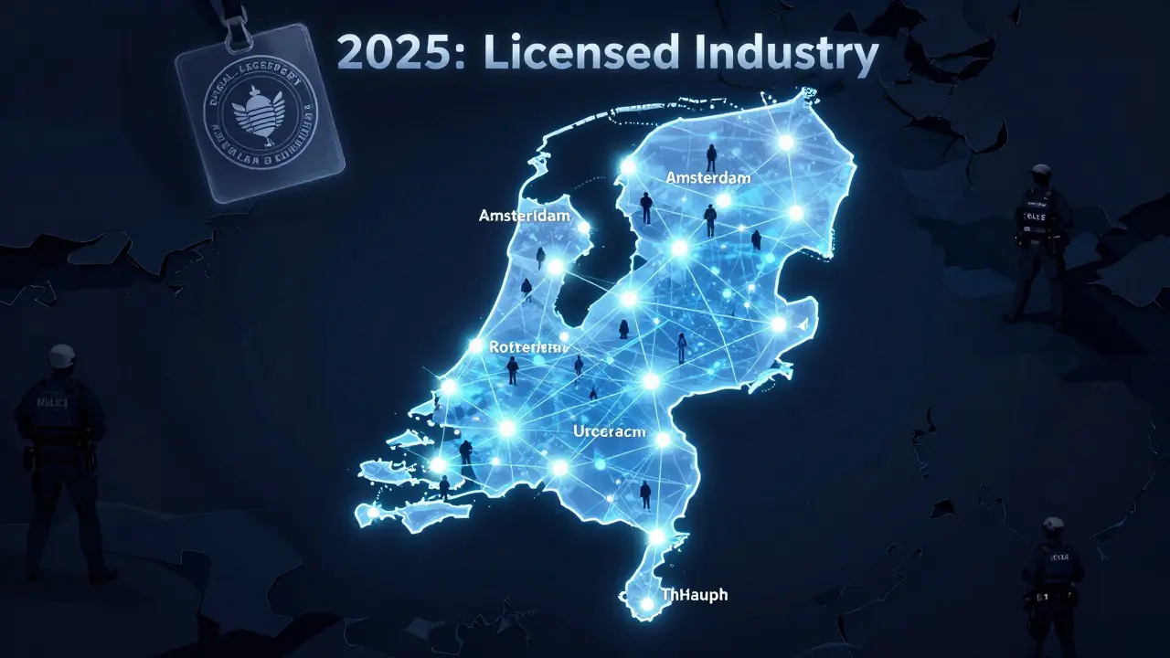 Glowende kaart van Nederland met legale escortbureaus als knooppunten, verbonden door digitale netwerken en een licentiebadge.