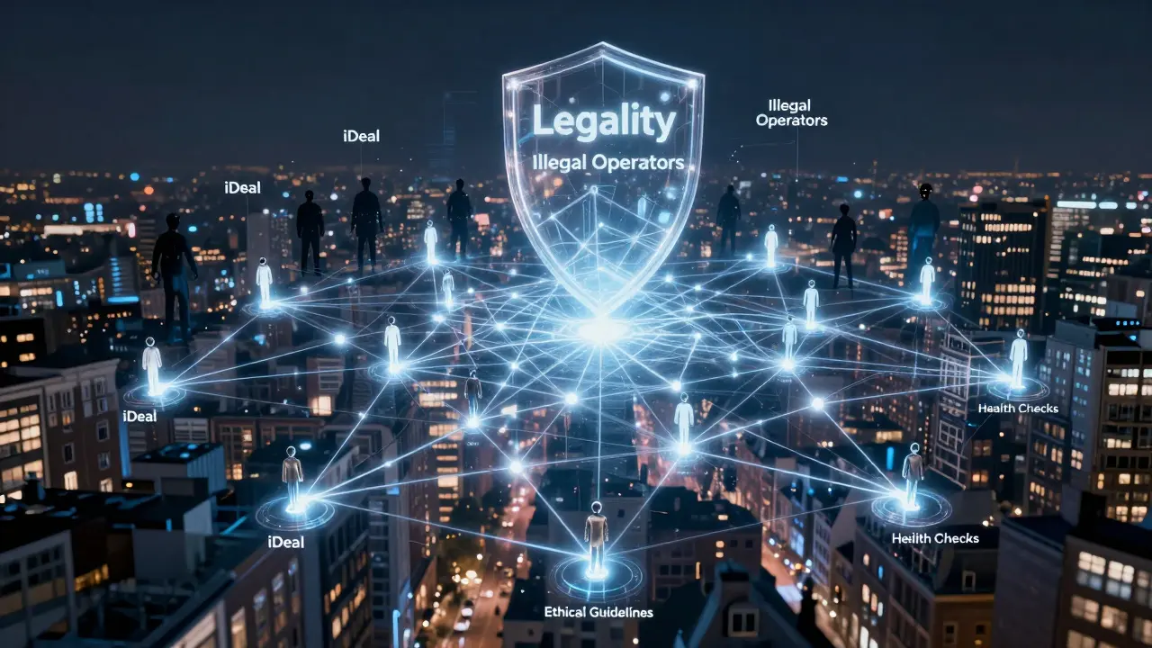 Glowing digital network connecting escorts to certified agencies across a Dutch city skyline.