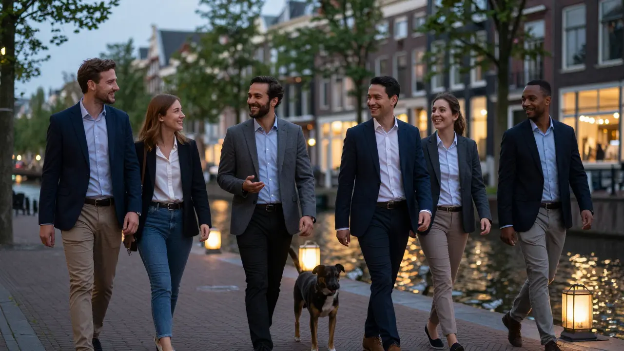 Internationale zakenmensen en een gezelschapsbegeleider wandelen rustig langs de Amstel bij zonsondergang.