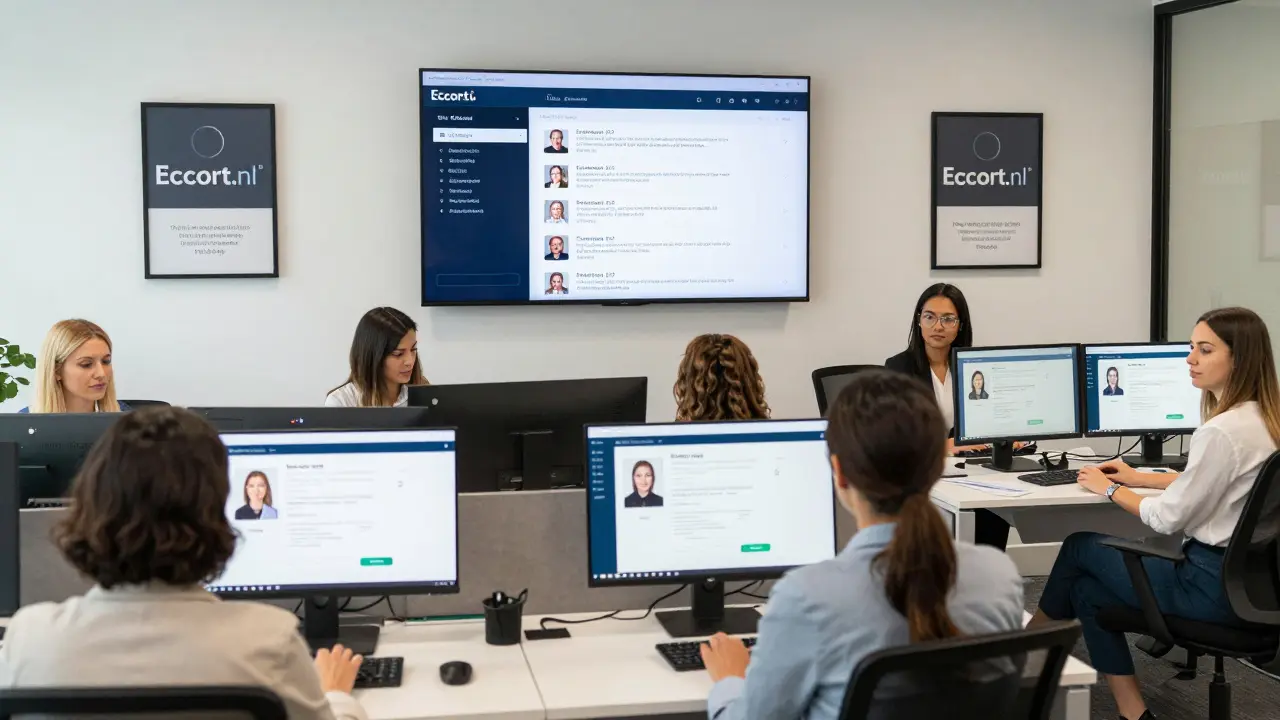 Professionele vrouwen in een goed georganiseerde kantoorruimte met digitale veiligheids- en boekingsdashboards.
