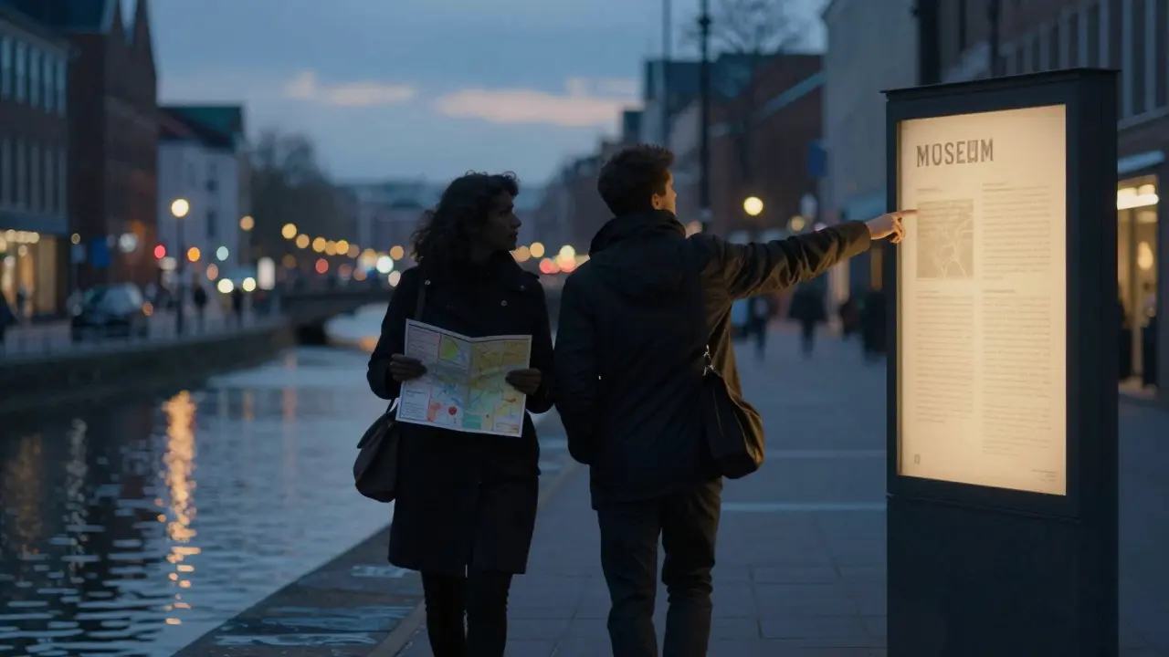 Twee silhouetten wandelen samen langs een gracht bij schemering, met een museumkaart, symboliserend menselijke verbinding.